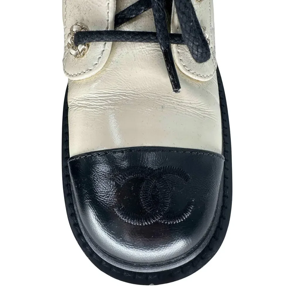 Chanel Goatskin Quilted Chain CC Cap Toe Lace Up Combat Boots Ivory Women's 37.5